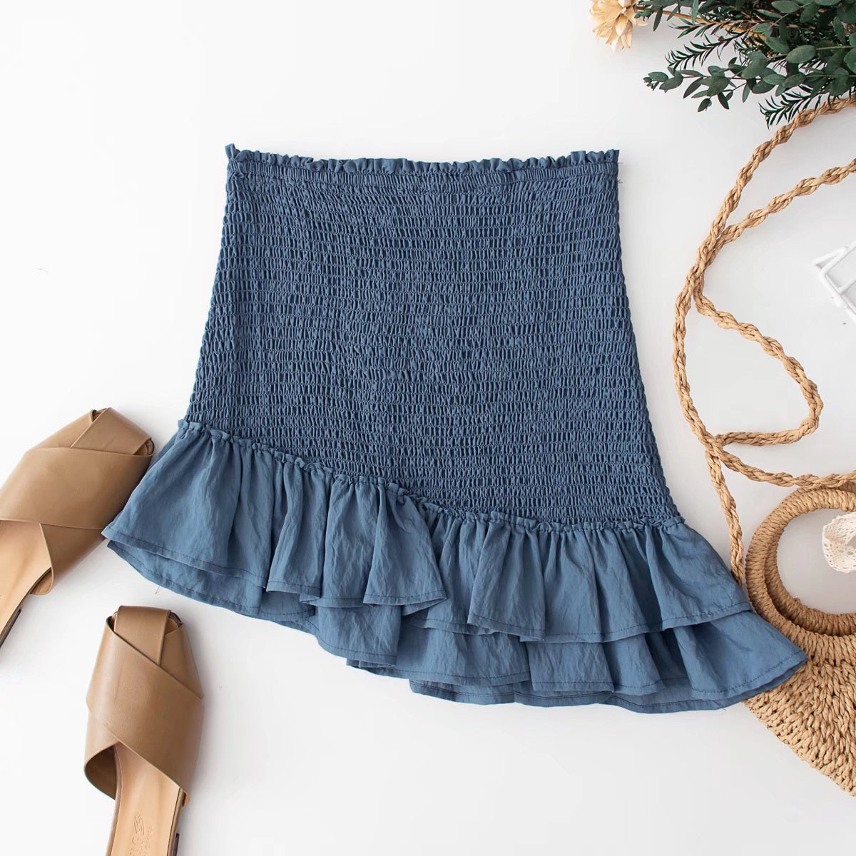 Boho Two Piece Set, Smocked Top and Mini Skirt, Blue Aegean Lorelei