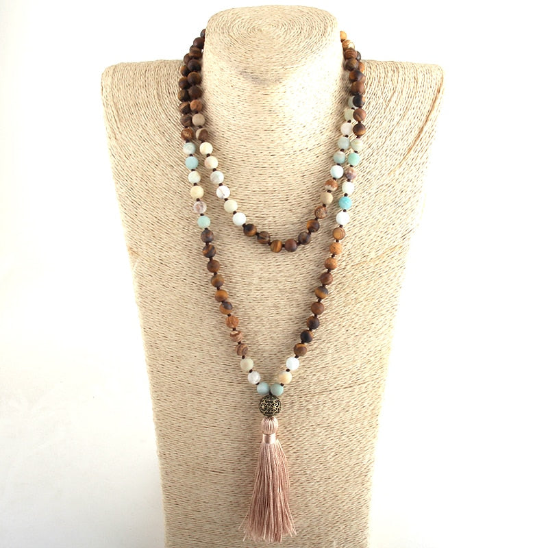 Boho Necklace, RH Amazonite Jasper, Lariat Silver Ball Green Brown Natural Stone