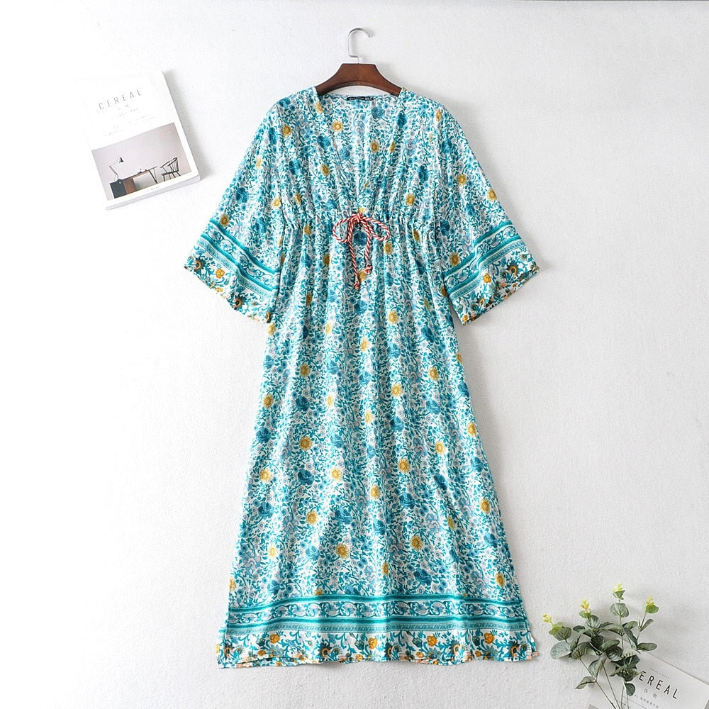 Boho Maxi Dress, Gown, Fresh Blue Flower