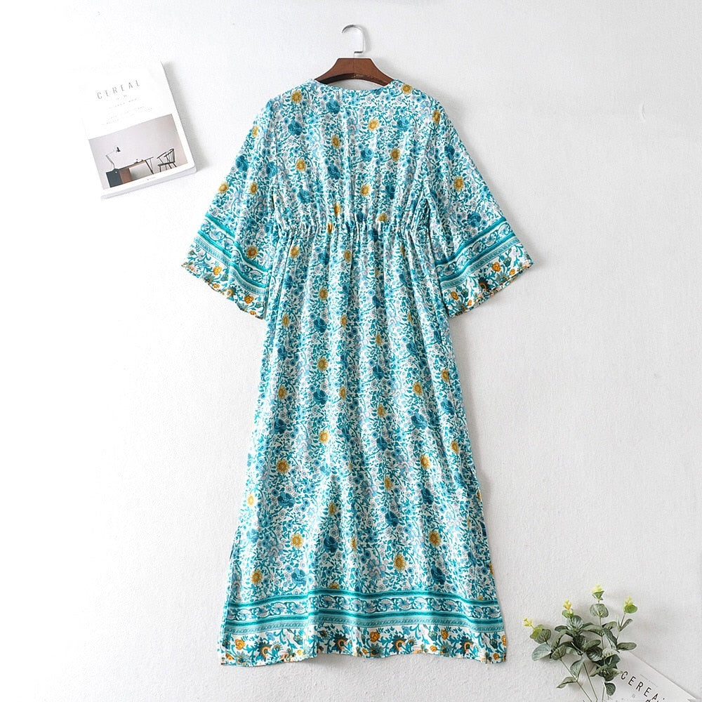 Boho Maxi Dress, Gown, Fresh Blue Flower