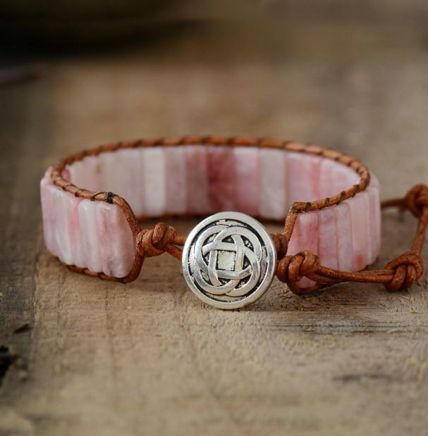 Boho Bracelet, Leather Wrap Bracelet, Tube Natural Pink Stone