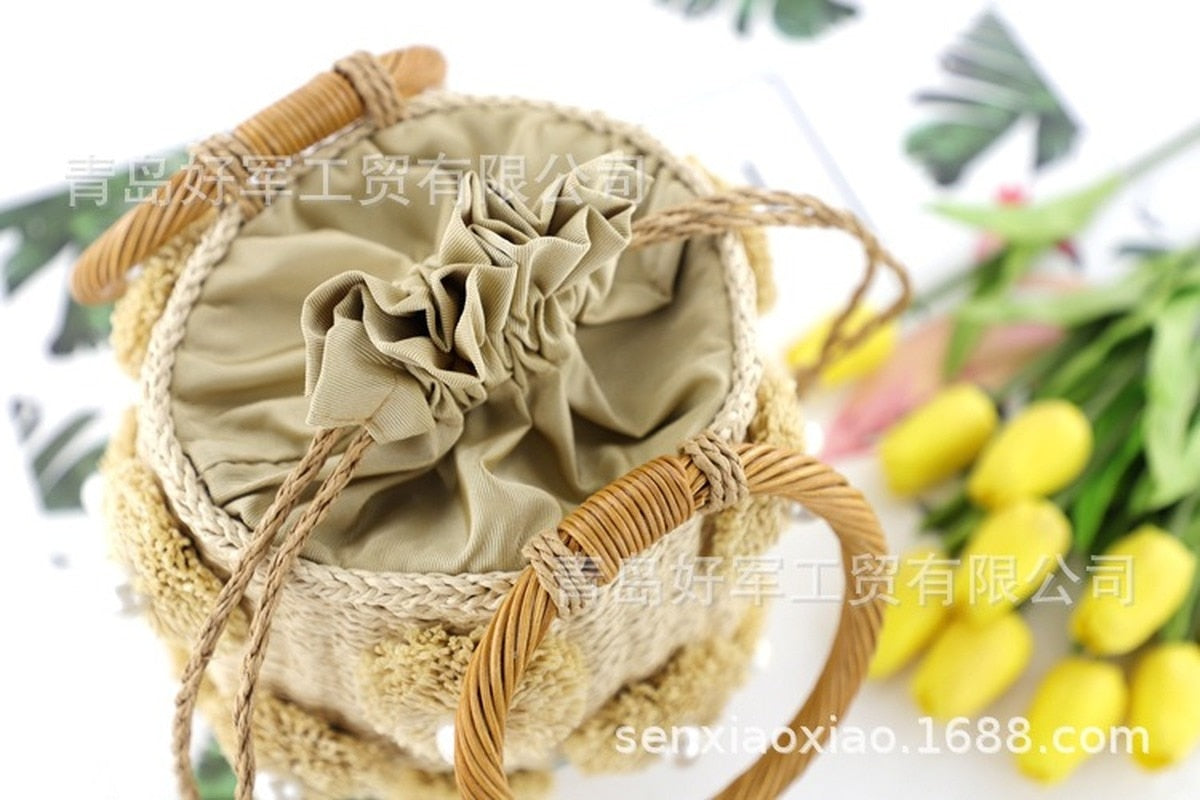 Boho Bag, Woven Straw Rope Busket Bag, Flower Busket in Brown and Ivory