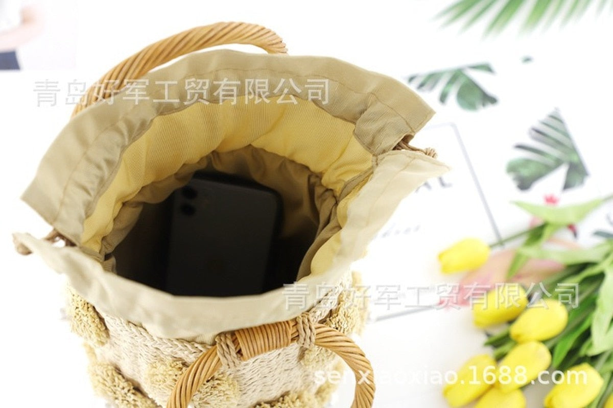 Boho Bag, Woven Straw Rope Busket Bag, Flower Busket in Brown and Ivory
