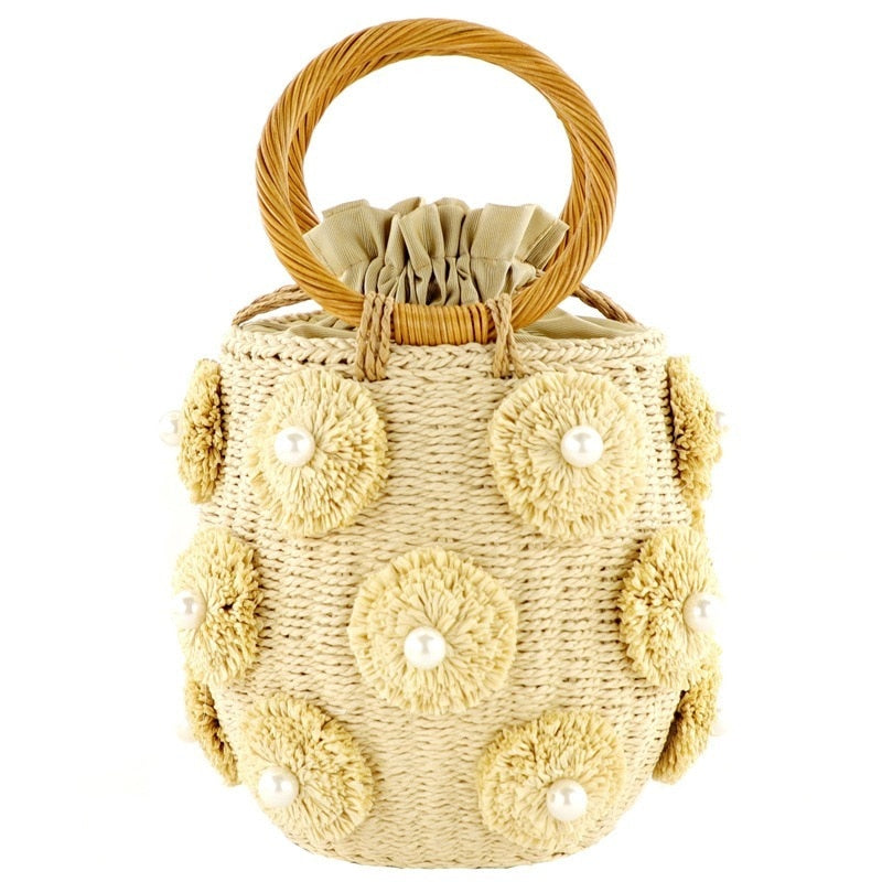 Boho Bag, Woven Straw Rope Busket Bag, Flower Busket in Brown and Ivory