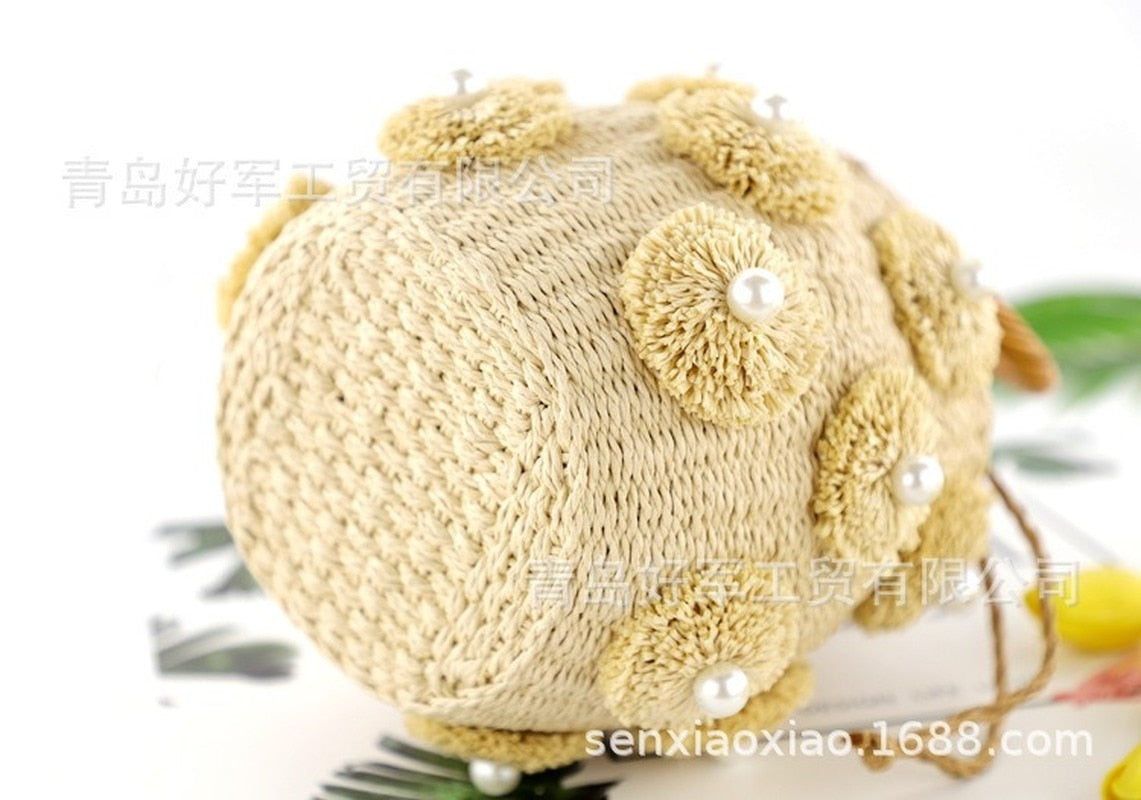 Boho Bag, Woven Straw Rope Busket Bag, Flower Busket in Brown and Ivory