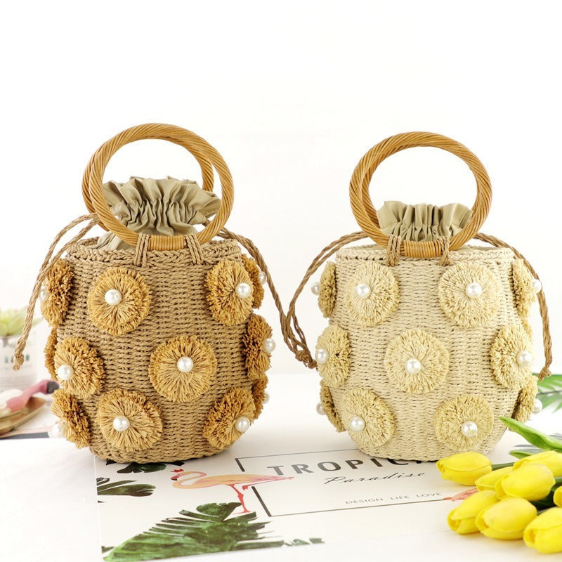 Boho Bag, Woven Straw Rope Busket Bag, Flower Busket in Brown and Ivory