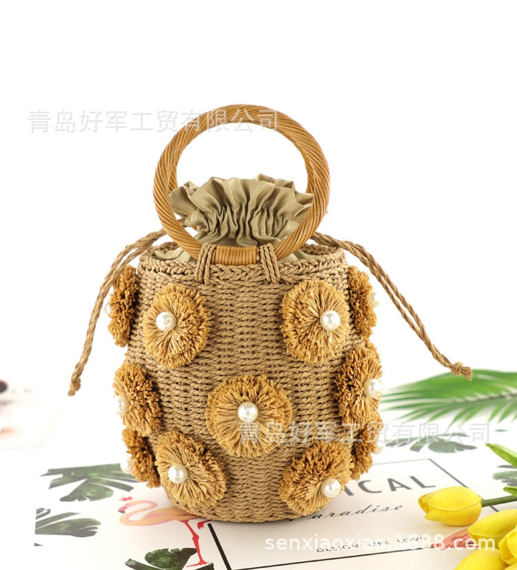 Boho Bag, Woven Straw Rope Busket Bag, Flower Busket in Brown and Ivory