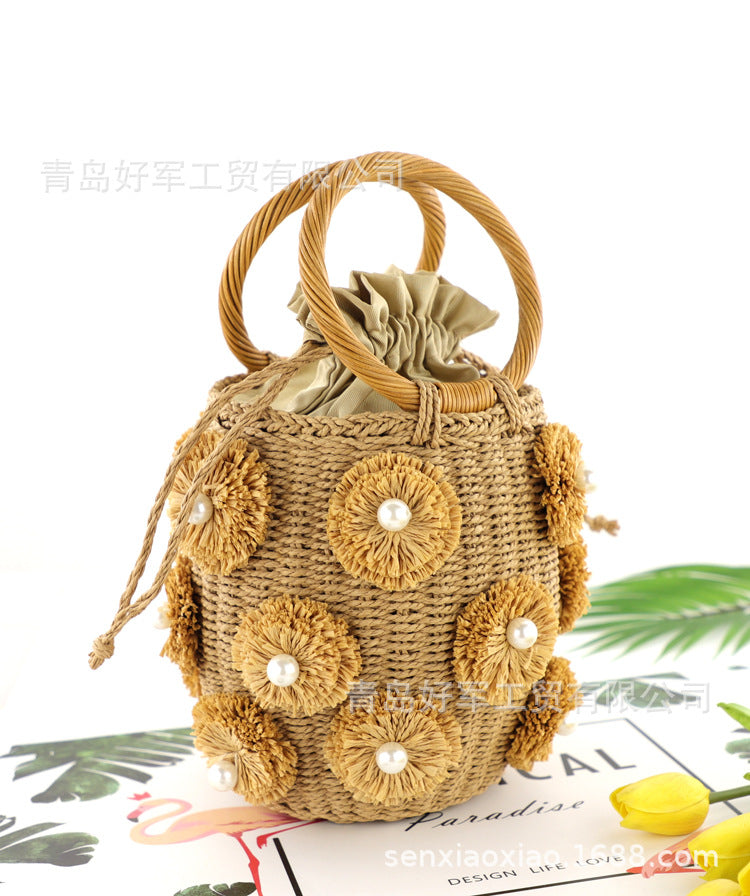 Boho Bag, Woven Straw Rope Busket Bag, Flower Busket in Brown and Ivory