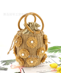 Boho Bag, Woven Straw Rope Busket Bag, Flower Busket in Brown and Ivory