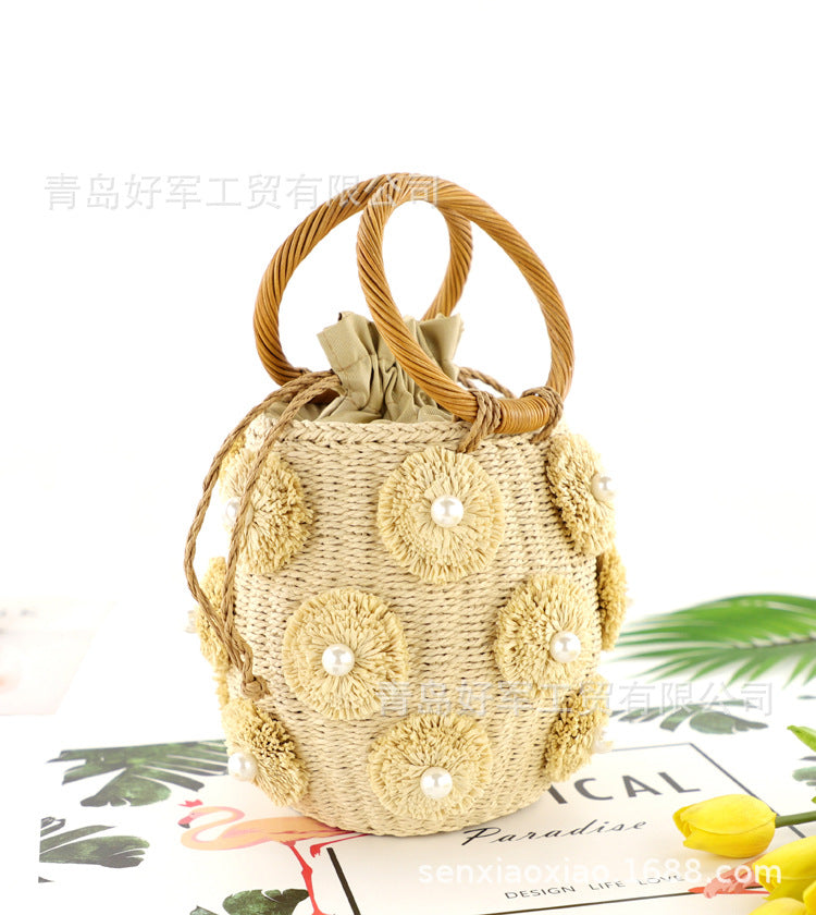 Boho Bag, Woven Straw Rope Busket Bag, Flower Busket in Brown and Ivory