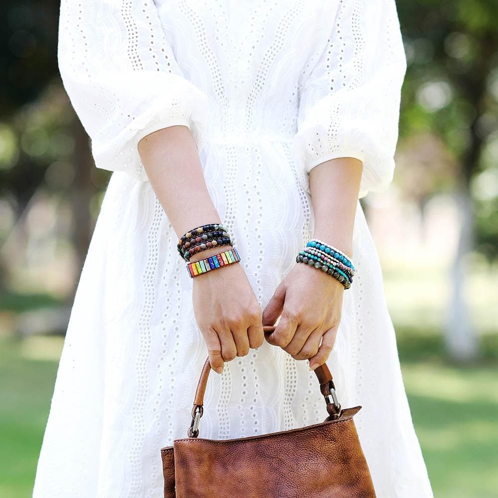 Boho Bracelet, 3 Layers Leather Wrap Bracelet, 6 mm Stones