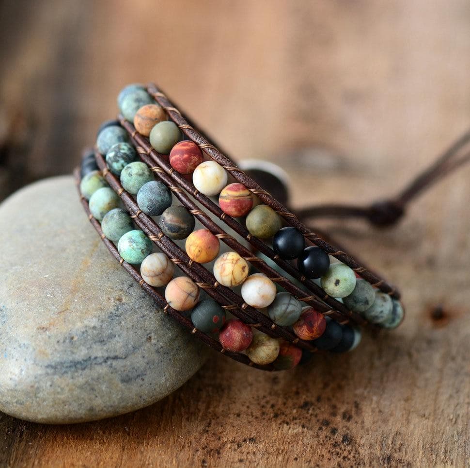 Boho Bracelet, 3 Layers Leather Wrap Bracelet, 6 mm Stones