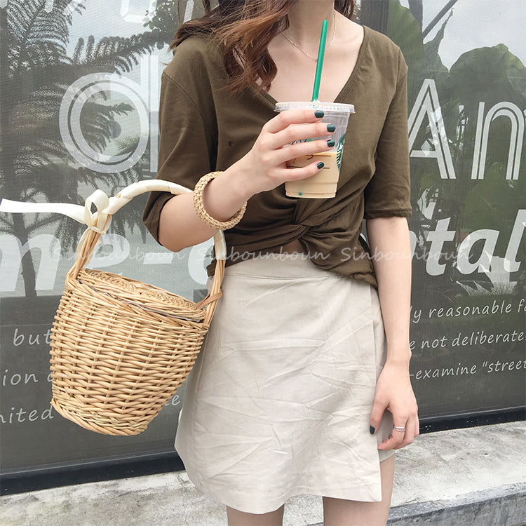 Boho Bag, Woven Straw Bag, Rattan Bag, Mini Wicker Basket Bag, Marry Brown and Beige