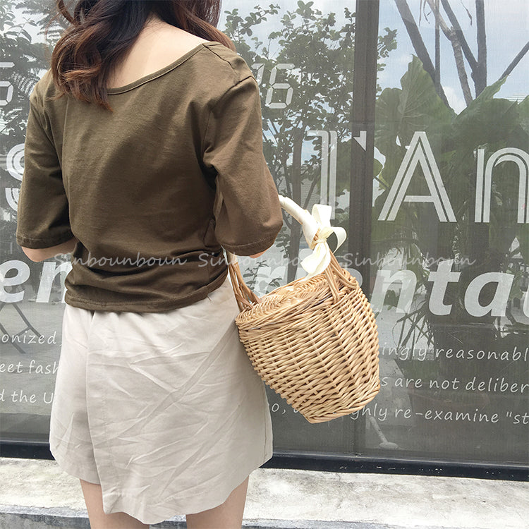 Boho Bag, Woven Straw Bag, Rattan Bag, Mini Wicker Basket Bag, Marry Brown and Beige