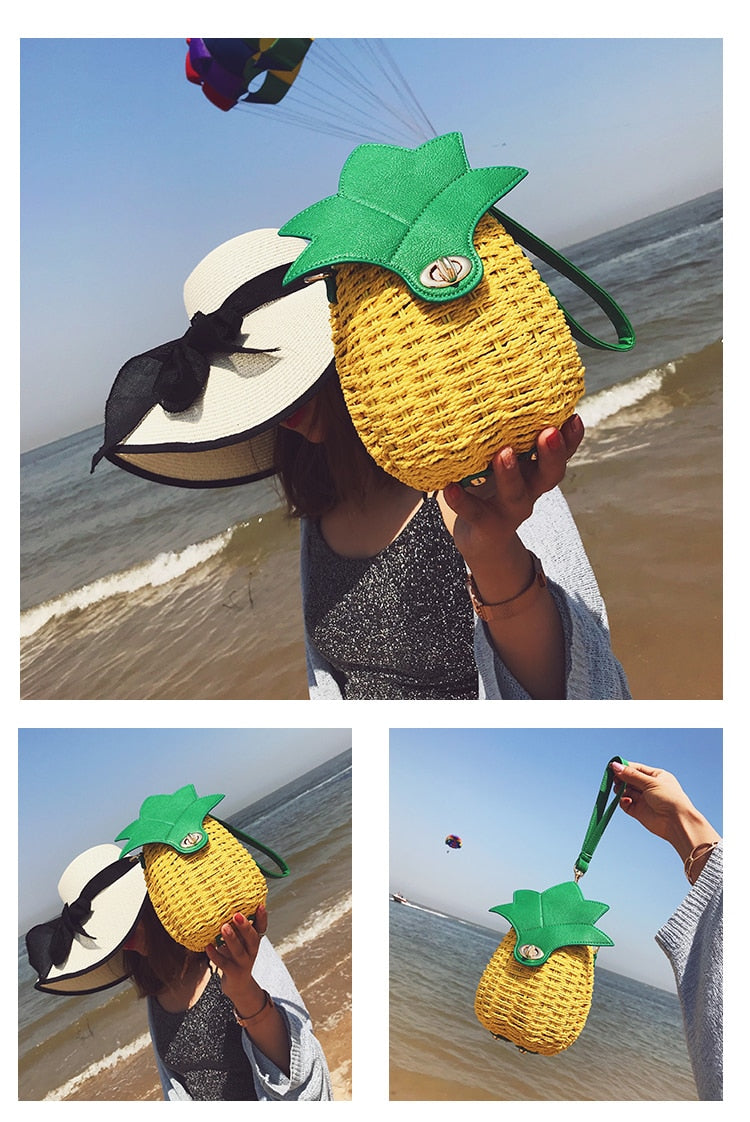 Boho Bag, Woven Straw Bag,  Rattan Bag, Yellow Pineapple