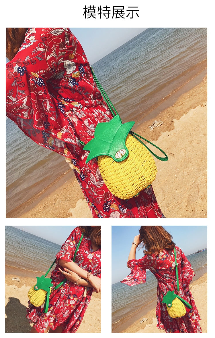Boho Bag, Woven Straw Bag,  Rattan Bag, Yellow Pineapple