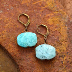 Boho Earrings, Dangle Earrings, Hexagon Blue Amazonite
