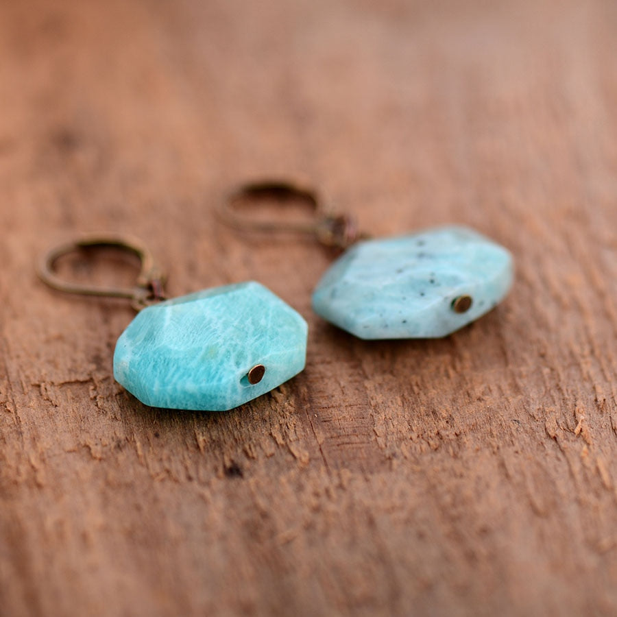 Boho Earrings, Dangle Earrings, Hexagon Blue Amazonite