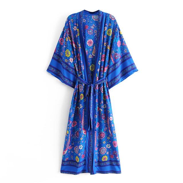 Boho Robe, Kimono Robe,  Beach Cover up, Blue Peony Bird