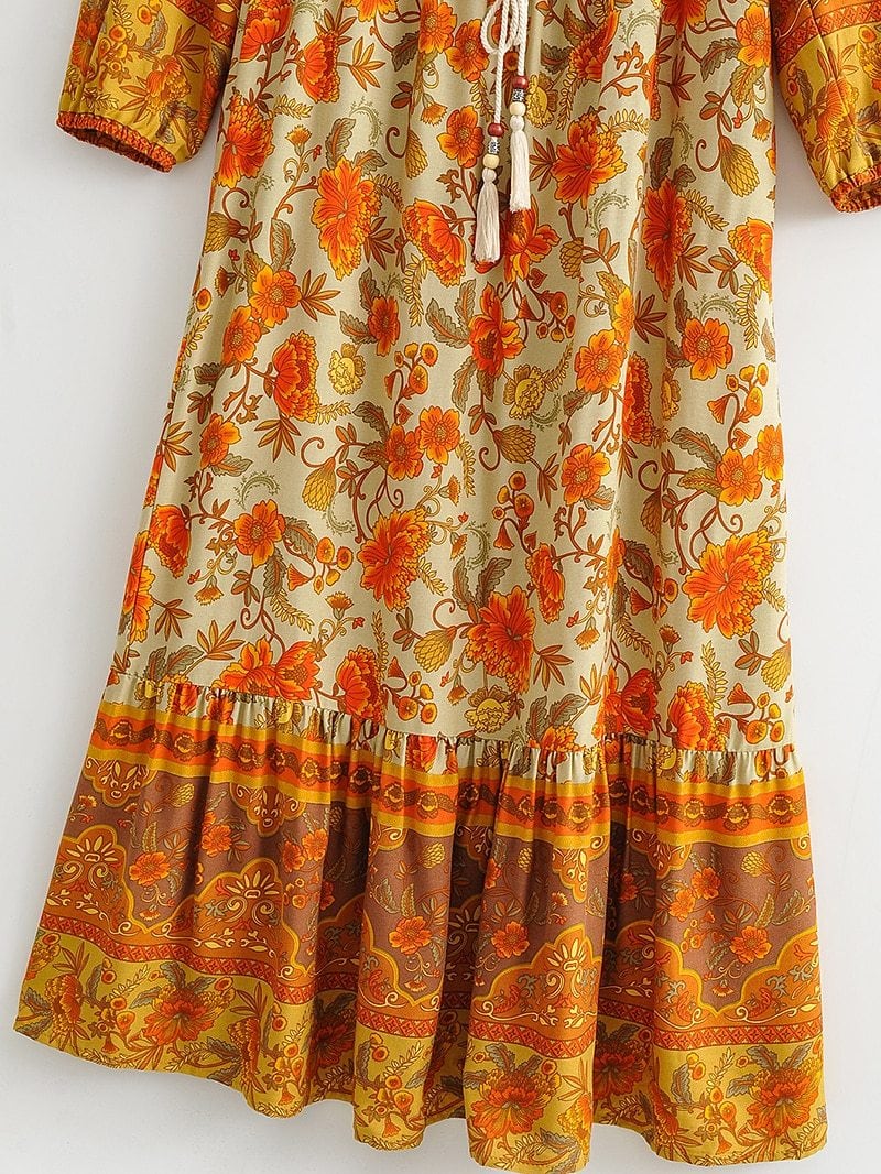 Boho Maxi Dress, Gown, Floral  and Sand in Orange