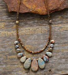 Boho Necklace, Brown Agate, Jasper and Seeds