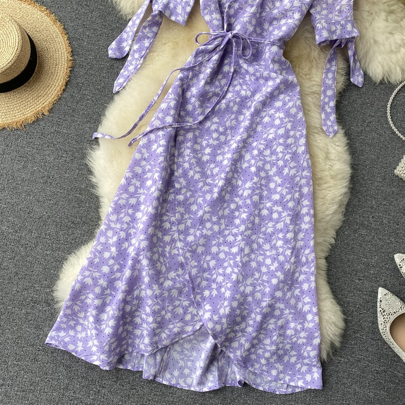 Vintage Dress, Boho Midi Dress, Dress, Wrap Dress, Flower Child Iris Purple