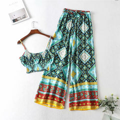 Boho Two Piece Set, Crop Top and Palazzo Pant, Wild Boho Square Green