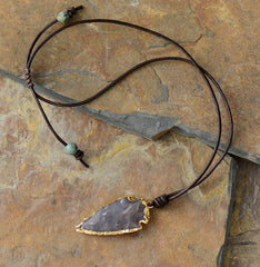 Boho Necklace,Blue and Black Agate, Jasper Arrowhead Pendant Leather