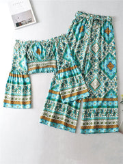 Boho Two Piece Set, Off Shoulder Crop Top and  Pant, Wild Boho Square Green Mint