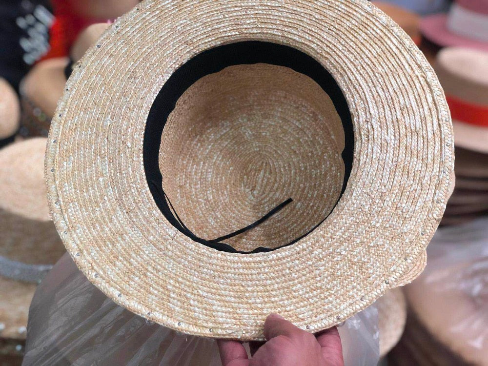 Boho Hat, Sun Beach Hat, Straw Bucket Hat, White Peal Trim