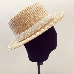 Boho Hat, Sun Beach Hat, Straw Bucket Hat, White Peal Trim
