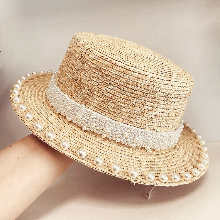 Boho Hat, Sun Beach Hat, Straw Bucket Hat, White Peal Trim