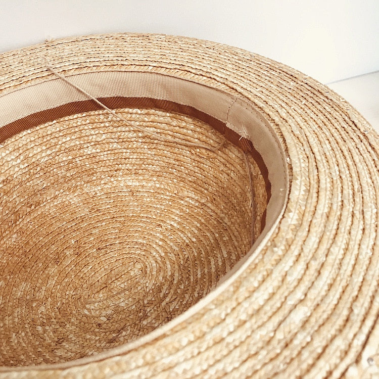 Boho Hat, Sun Beach Hat, Straw Bucket Hat, White Peal Trim