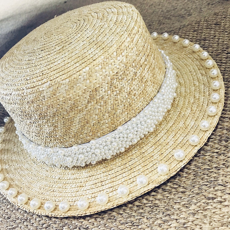 Boho Hat, Sun Beach Hat, Straw Bucket Hat, White Peal Trim