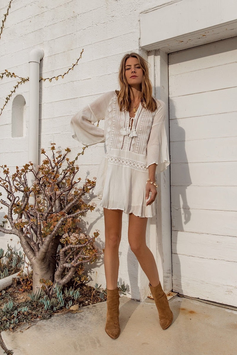 Boho Boho Mini Dress, Beach Dress, Cover up Dress,  White Tunic Malisa