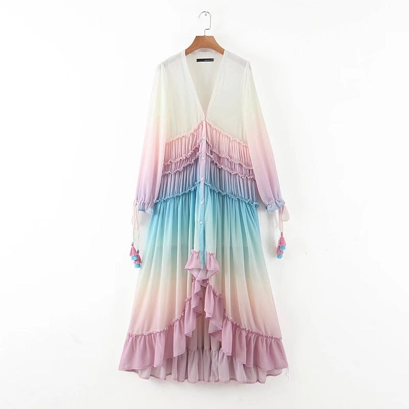 Boho Maxi Dress, Gown, Beach Robe, Sierra Pink Blue Sea and Rain Bow