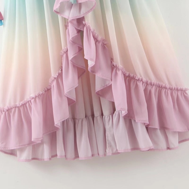 Boho Maxi Dress, Gown, Beach Robe, Sierra Pink Blue Sea and Rain Bow