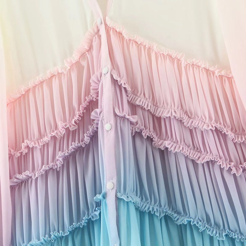 Boho Maxi Dress, Gown, Beach Robe, Sierra Pink Blue Sea and Rain Bow