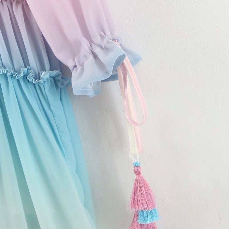 Boho Maxi Dress, Gown, Beach Robe, Sierra Pink Blue Sea and Rain Bow