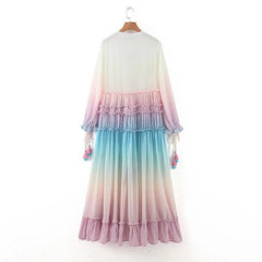 Boho Maxi Dress, Gown, Beach Robe, Sierra Pink Blue Sea and Rain Bow