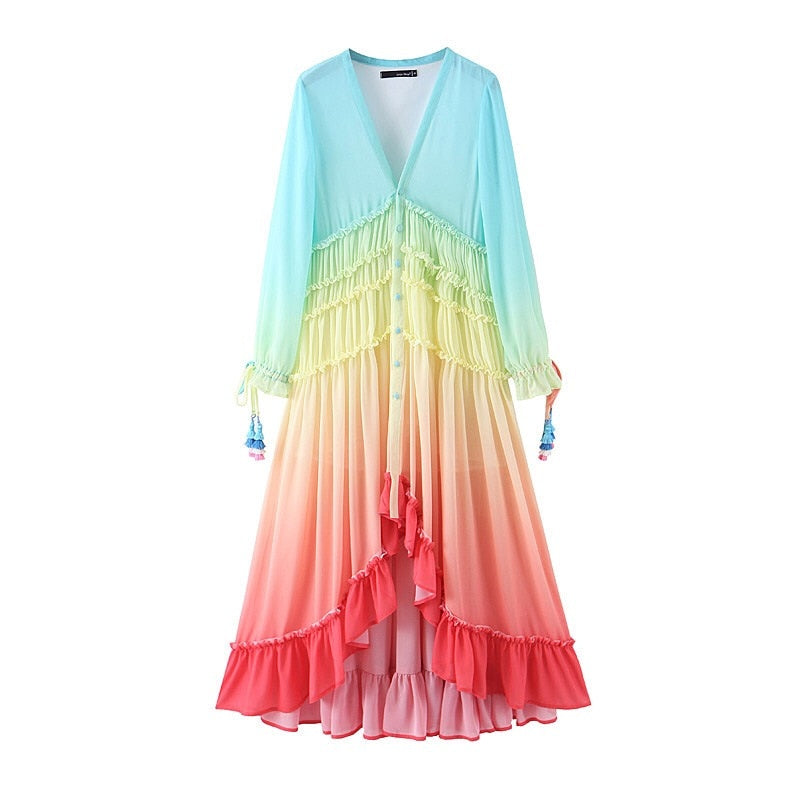 Boho Maxi Dress, Gown, Beach Robe, Sierra Red Blue Sea and Rain Bow