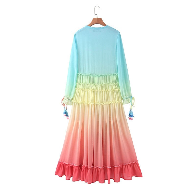 Boho Maxi Dress, Gown, Beach Robe, Sierra Red Blue Sea and Rain Bow