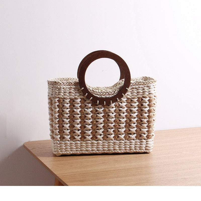Boho Bag, Woven Straw Basket Bag,  Brown Beige Rattan Bag