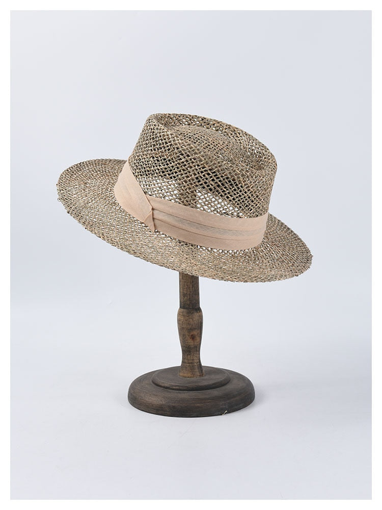Boho Hat, Sun Beach Hat,  Panama Seagrass Sun Hat, Carolina with Pink Ribbon