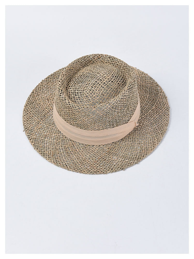Boho Hat, Sun Beach Hat,  Panama Seagrass Sun Hat, Carolina with Pink Ribbon