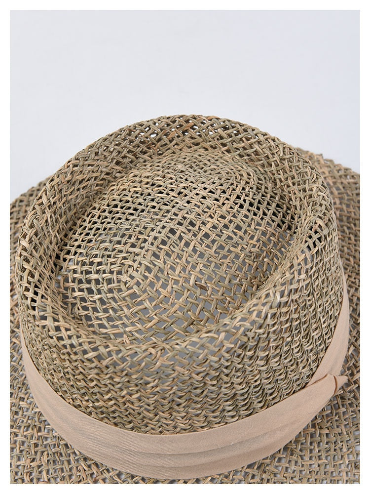 Boho Hat, Sun Beach Hat,  Panama Seagrass Sun Hat, Carolina with Pink Ribbon