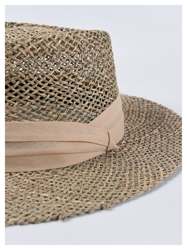 Boho Hat, Sun Beach Hat,  Panama Seagrass Sun Hat, Carolina with Pink Ribbon