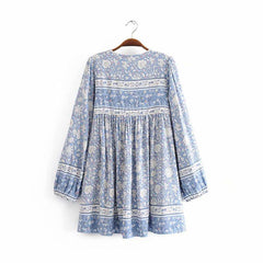 Boho Mini Dress Tunic Dress, Wild Flower Blue Sky