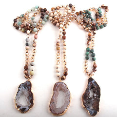 Boho Necklace, RH Amazonite Crystal Druzy Brown Natural Stone