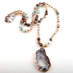 Boho Necklace, RH Amazonite Crystal Druzy Brown Natural Stone